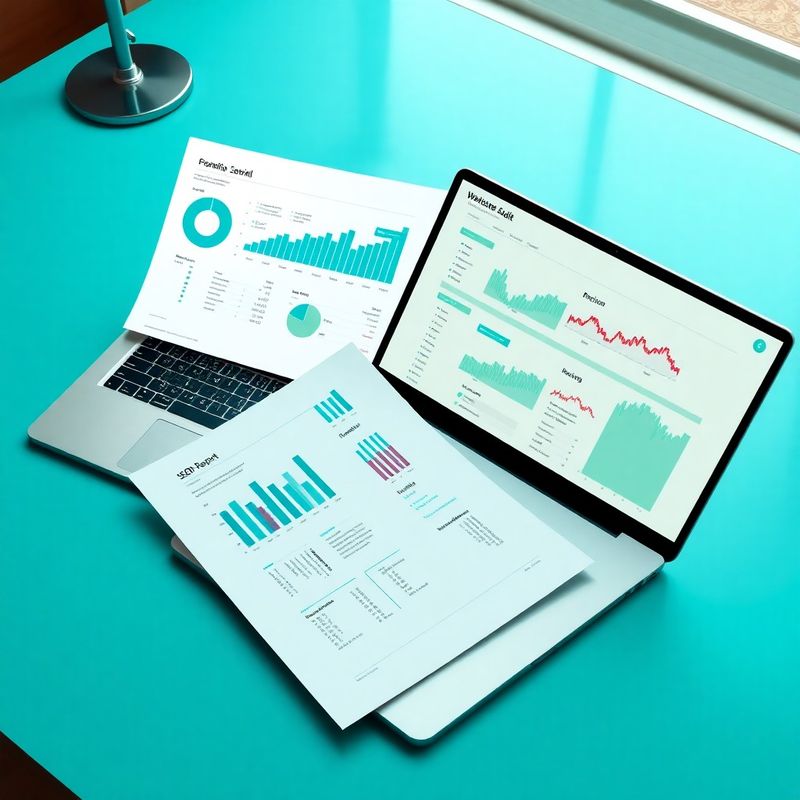 Vytlačený technický SEO audit vedľa notebooku s vizualizáciou crawlu webu